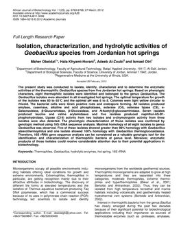 Isolation, Characterization, and Hydrolytic Activities of Geobacillus Species from Jordanian Hot Springs