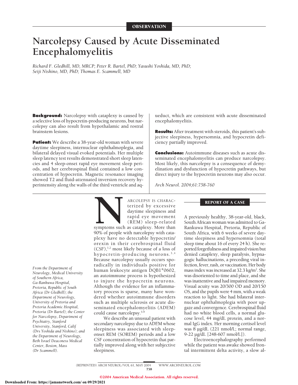 Narcolepsy Caused by Acute Disseminated Encephalomyelitis
