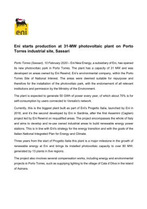 Eni Starts Production at 31-MW Photovoltaic Plant on Porto Torres Industrial Site, Sassari