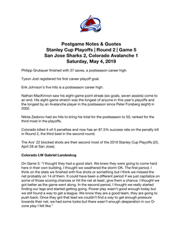 Postgame Notes & Quotes Stanley Cup Playoffs | Round 2 | Game 5