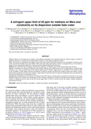 A Stringent Upper Limit of 20 Pptv for Methane on Mars and Constraints on Its Dispersion Outside Gale Crater F