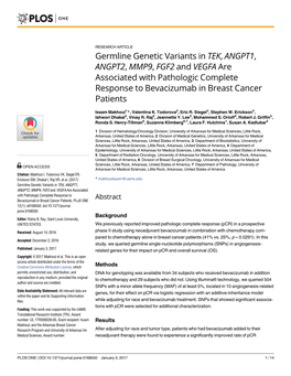 Germline Genetic Variants in TEK, ANGPT1, ANGPT2, MMP9, FGF2 and VEGFA Are Associated with Pathologic Complete Response to Bevacizumab in Breast Cancer Patients