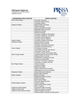 PRSA Sponsor Chapter List Alphabetical by PRSA Chapter Updated 3/8/21