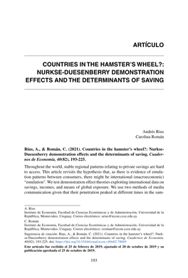 Artículo Countries in the Hamster's Wheel?: Nurkse-Duesenberry Demonstration Effects and the Determinants of Saving