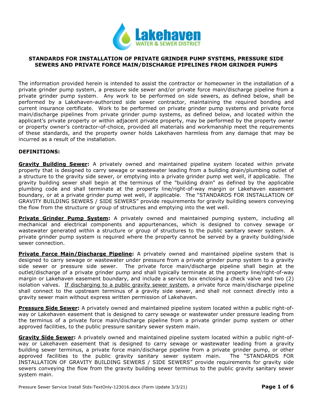 Standards for Installation of Private Grinder Pump Systems, Pressure Side Sewers and Private Force Main/Discharge Pipelines from Grinder Pumps