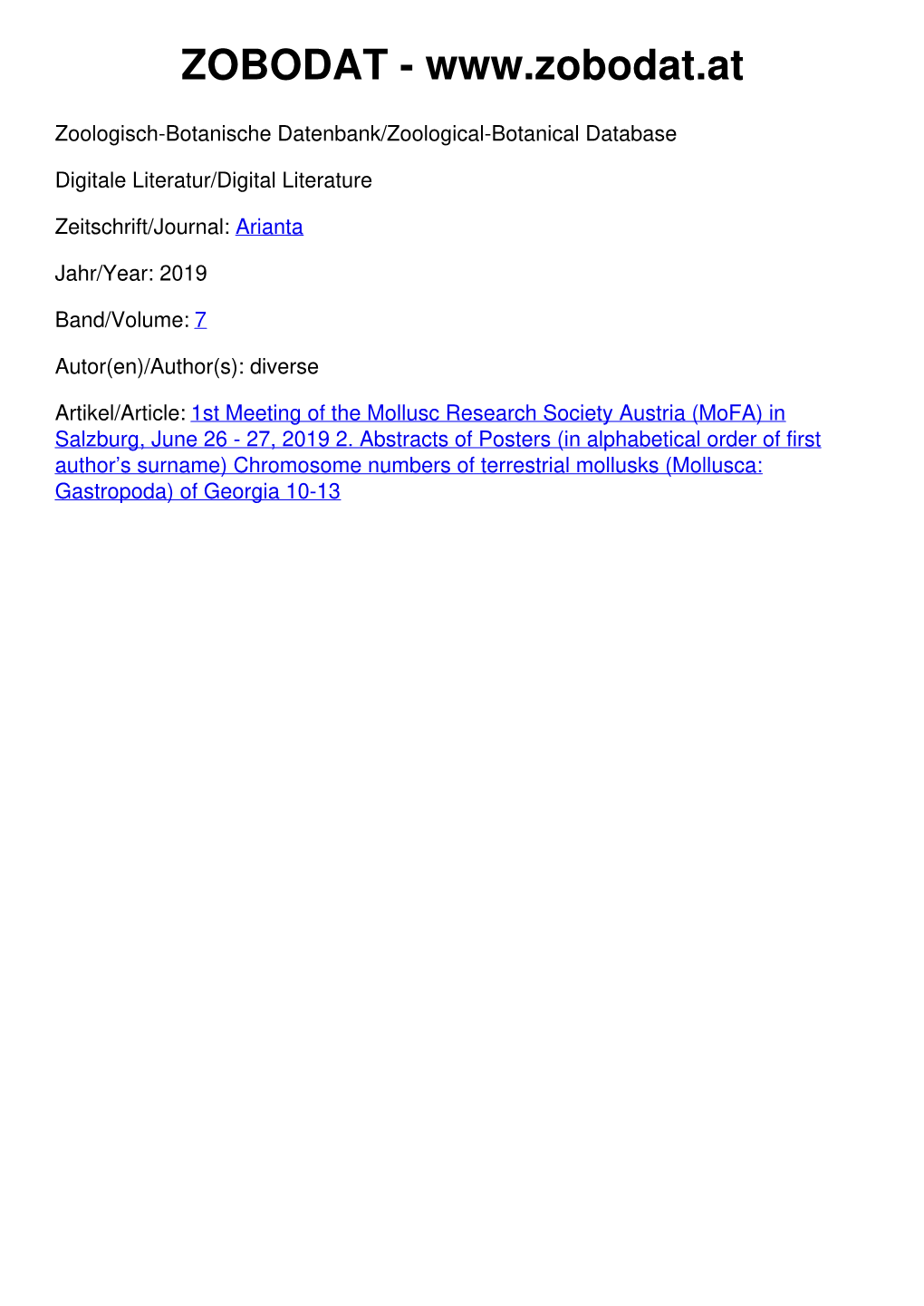 1St Meeting of the Mollusc Research Society Austria (Mofa) in Salzburg, June 26 - 27, 2019 2