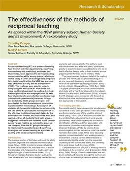 The Effectiveness of the Methods of Reciprocal Teaching