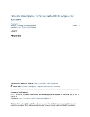 Présence Francophone: Revue Internationale De Langue Et De Littérature