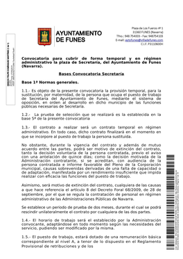 Convocatoria Para Cubrir De Forma Temporal Y En Régimen Administrativo La Plaza De Secretaría, Del Ayuntamiento De Funes (Navarra)