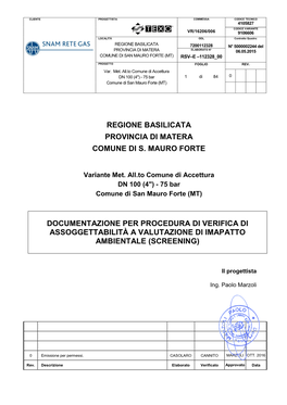 Regione Basilicata Provincia Di Matera Comune Di S. Mauro Forte Documentazione Per Procedura Di Verifica Di Assoggettabilità A