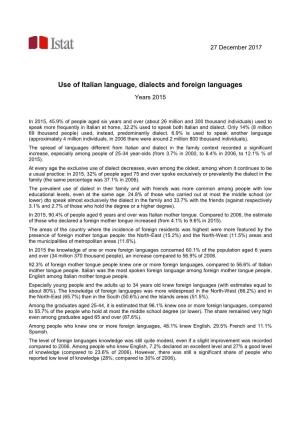 Use of Italian Language, Dialects and Foreign Languages Years 2015