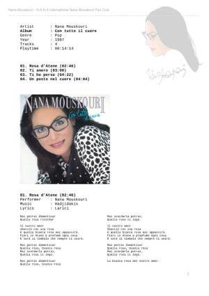 Artist : Nana Mouskouri Album : Con Tutto Il Cuore Genre : Pop Year : 1987 Tracks : 4 Playtime : 00:14:14