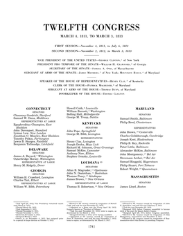 Twelfth Congress March 4, 1811, to March 3, 1813