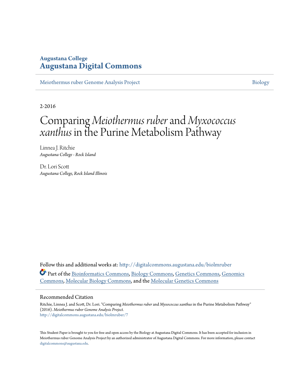 Comparing Meiothermus Ruber and Myxococcus Xanthus in the Purine Metabolism Pathway Linnea J