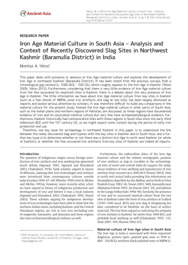 Iron Age Material Culture in South Asia – Analysis Ancient Asia and Context of Recently Discovered Slag Sites in Northwest Kashmir (Baramulla District) in India