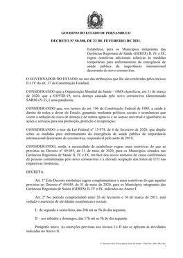 DECRETO Nº 50.308, DE 23 DE FEVEREIRO DE 2021. Estabelece