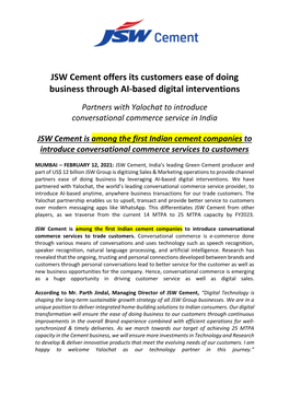 JSW Cement Offers Its Customers Ease of Doing Business Through AI-Based Digital Interventions