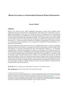 Bitcoin Governance As a Decentralized Financial Market Infrastructure