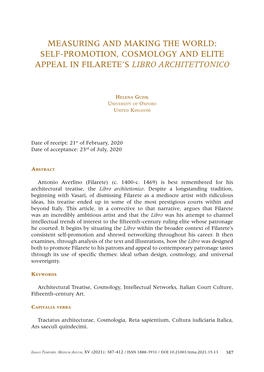 Measuring and Making the World: Self-Promotion, Cosmology and Elite Appeal in Filarete's Libro Architettonico