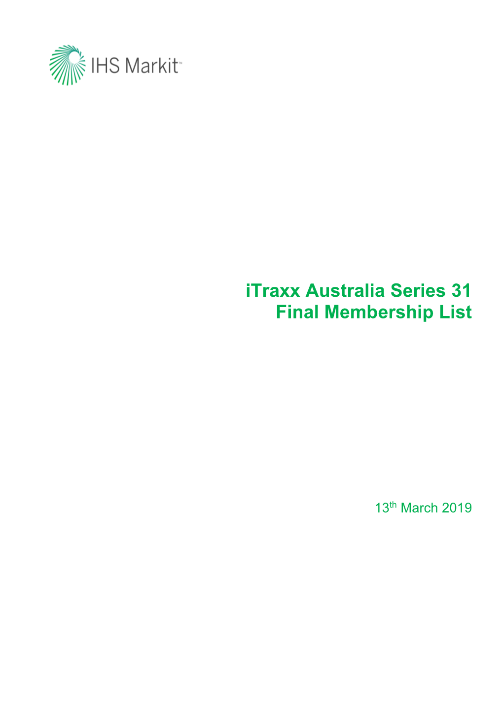 Itraxx Australia Series 31 Final Membership List
