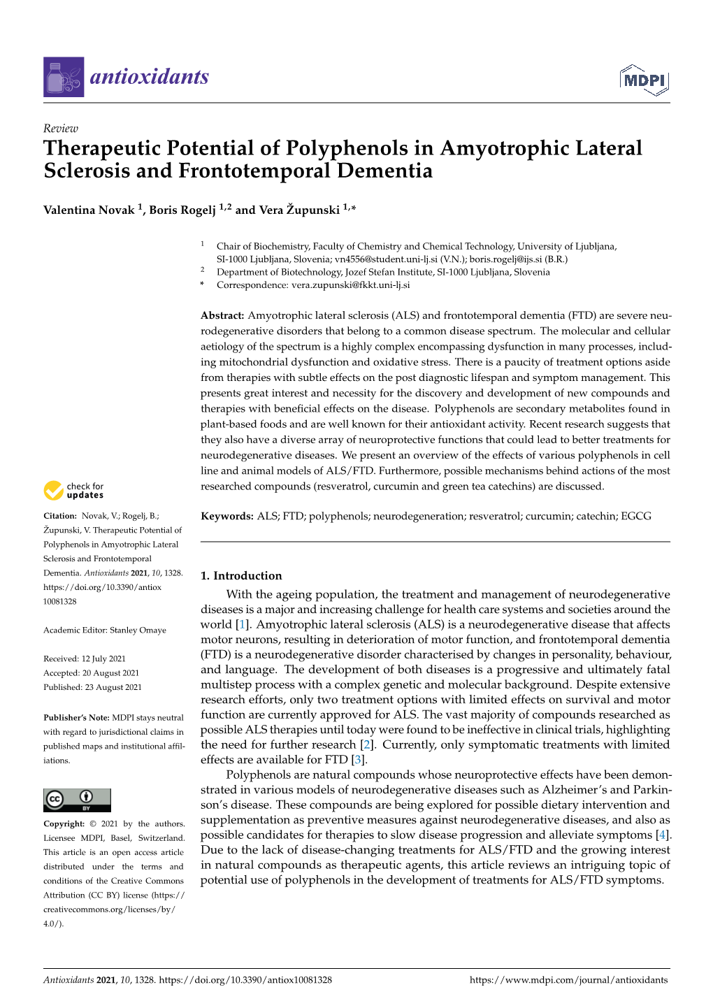 Therapeutic Potential of Polyphenols in Amyotrophic Lateral Sclerosis and Frontotemporal Dementia