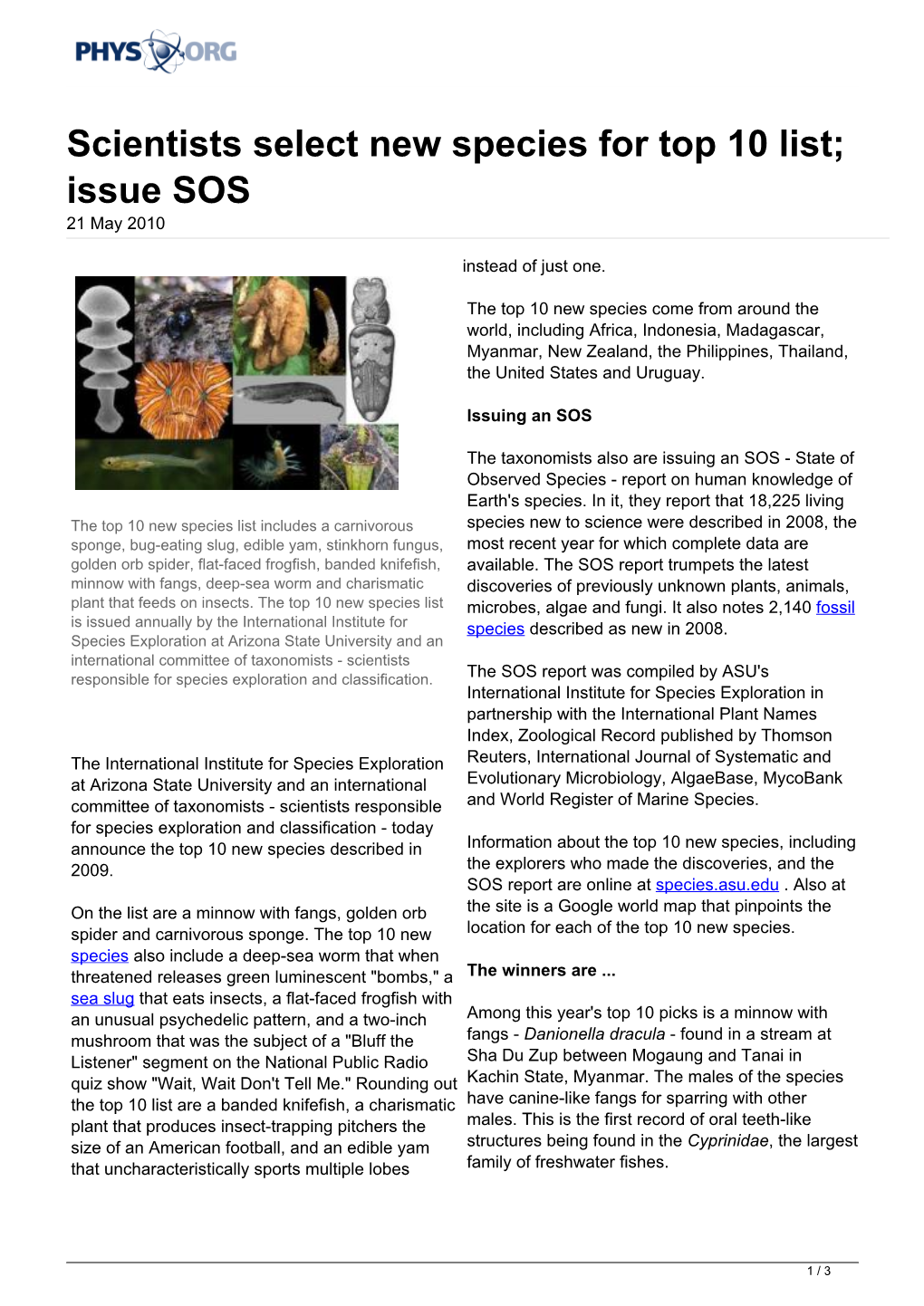 Scientists Select New Species for Top 10 List; Issue SOS 21 May 2010