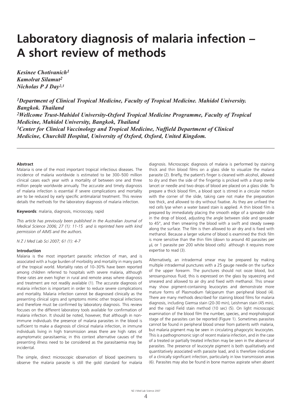 Laboratory Diagnosis of Malaria Infection – a Short Review of Methods