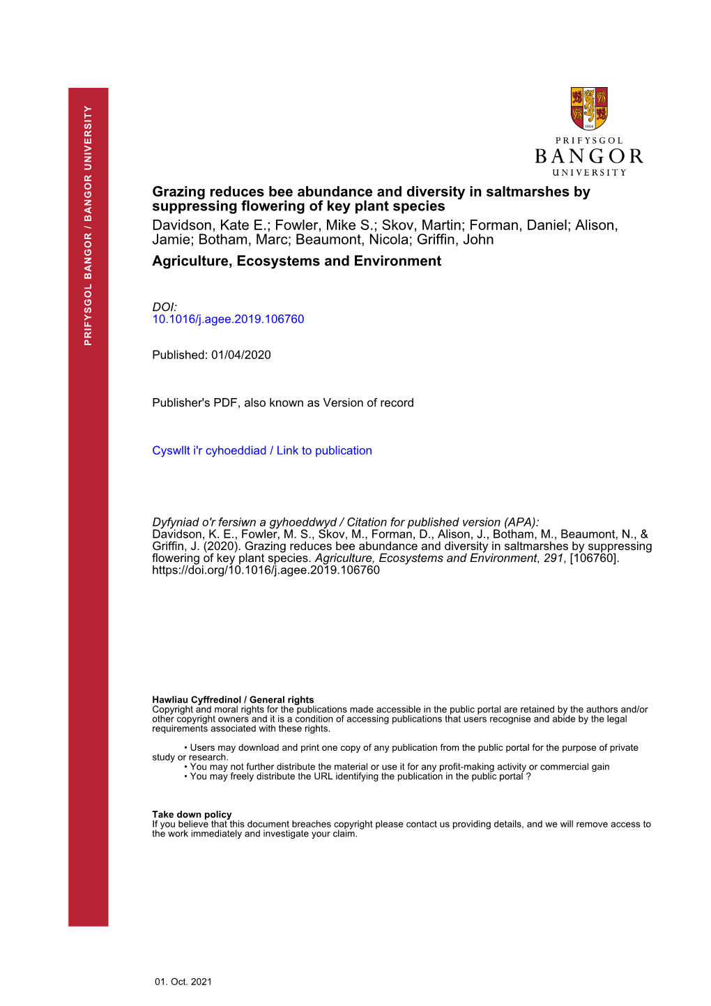 Grazing Reduces Bee Abundance and Diversity in Saltmarshes By