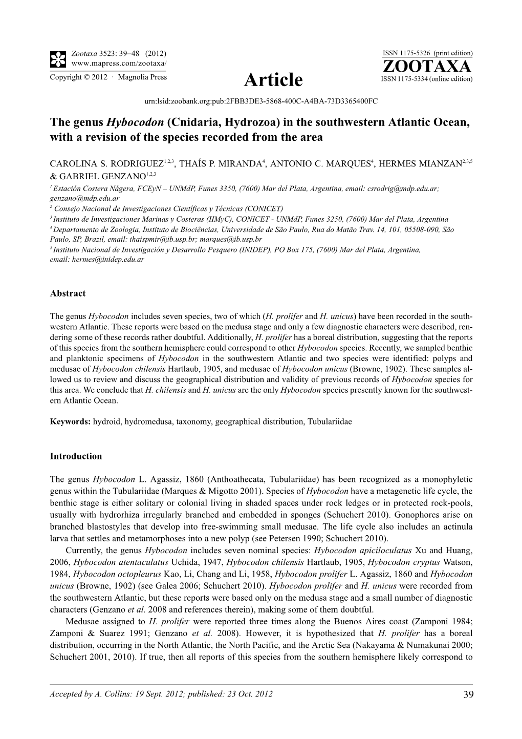 The Genus Hybocodon (Cnidaria, Hydrozoa) in the Southwestern Atlantic Ocean, with a Revision of the Species Recorded from the Area