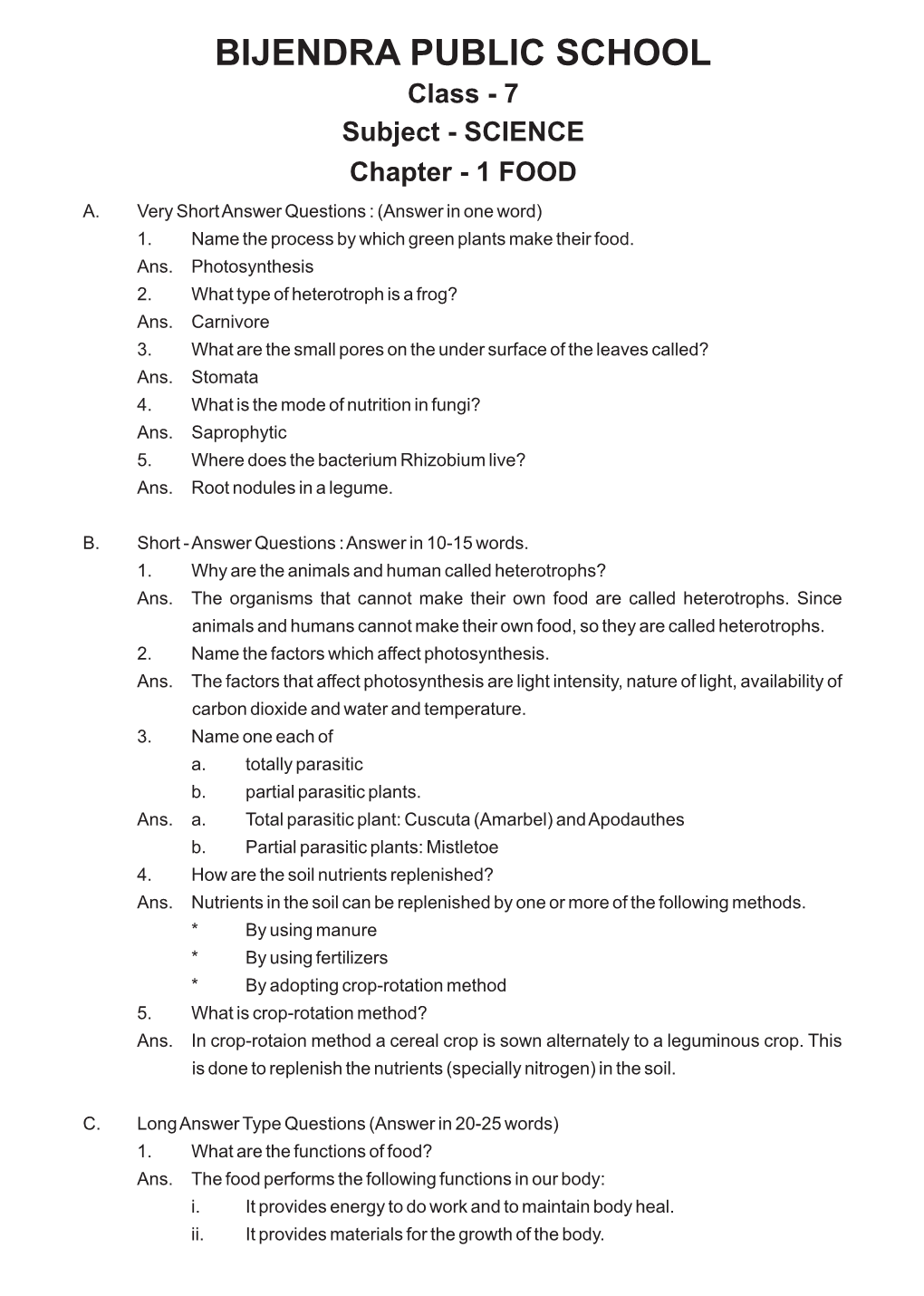 Class - 7 Subject - SCIENCE Chapter - 1 FOOD A