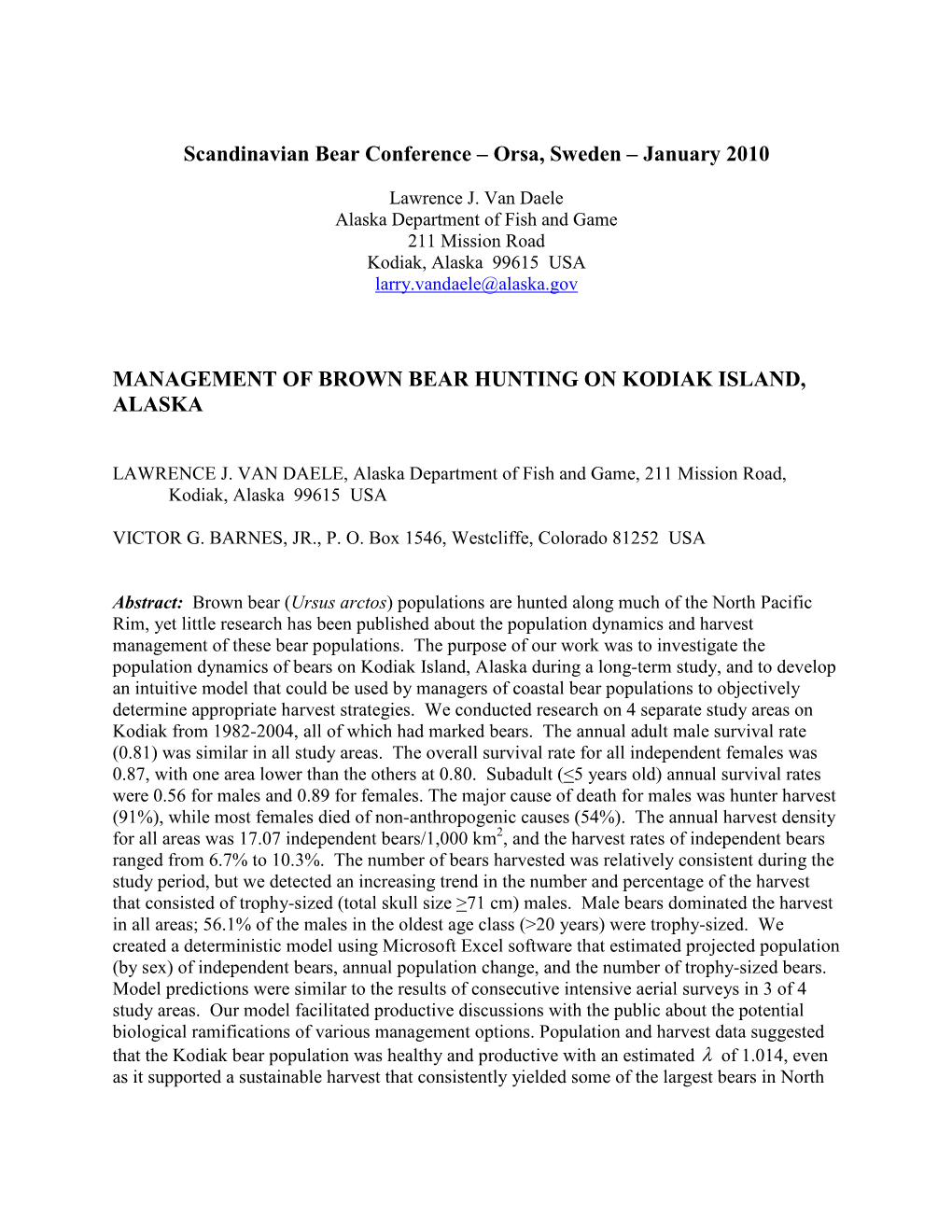 Management of Brown Bear Hunting on Kodiak Island, Alaska