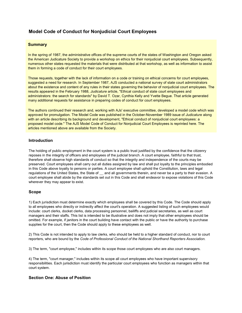 Model Code Of Conduct For Nonjudicial Court Employees