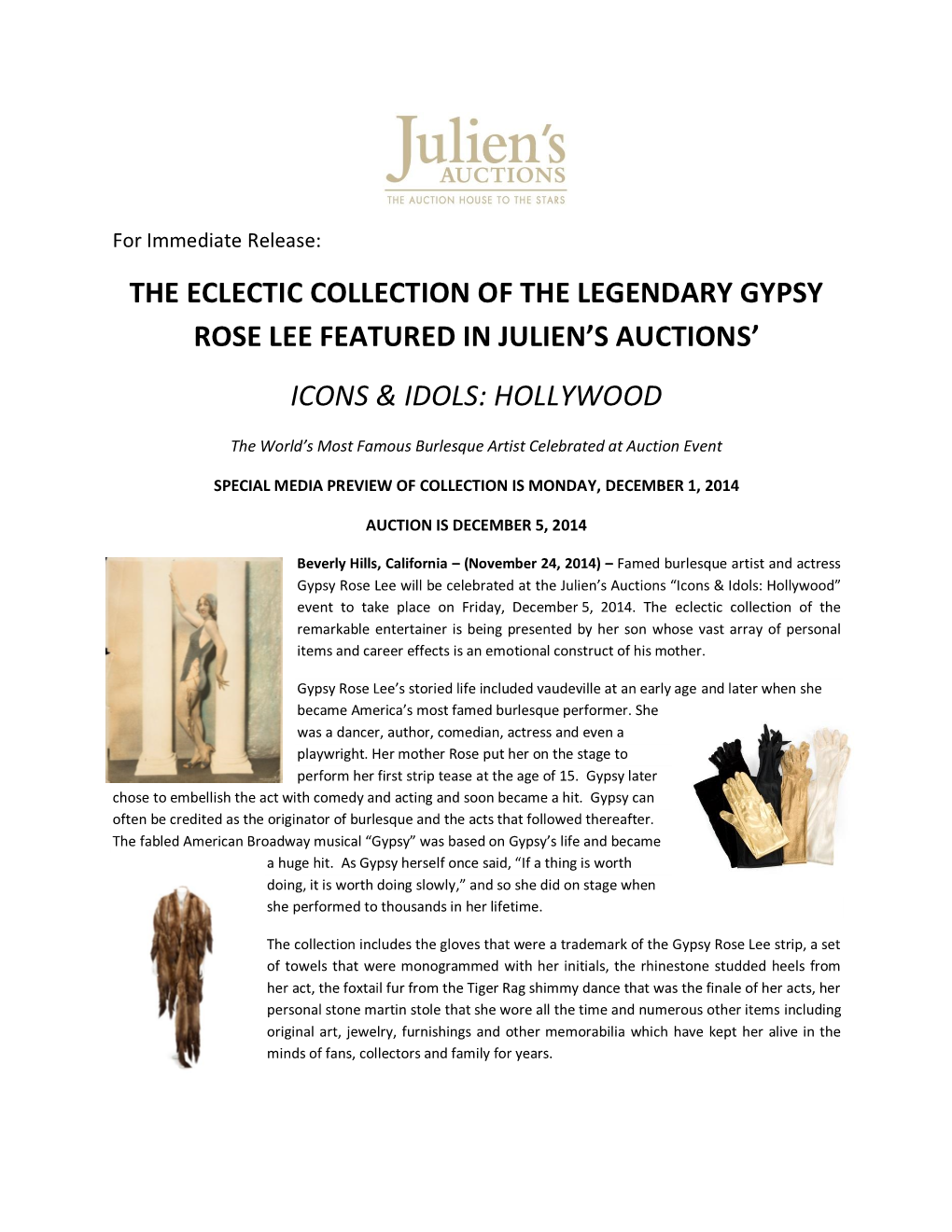 The Eclectic Collection of the Legendary Gypsy Rose Lee Featured in Julien’S Auctions’ Icons & Idols: Hollywood