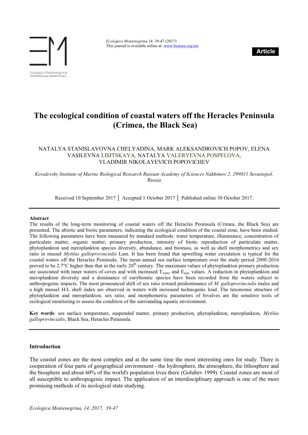 The Ecological Condition of Coastal Waters Off the Heracles Peninsula (Crimea, the Black Sea)