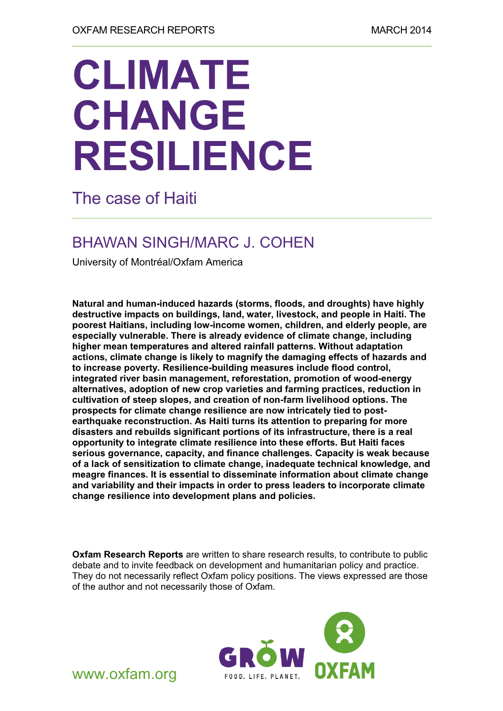 Climate Change Resilience: the Case of Haiti EXECUTIVE SUMMARY