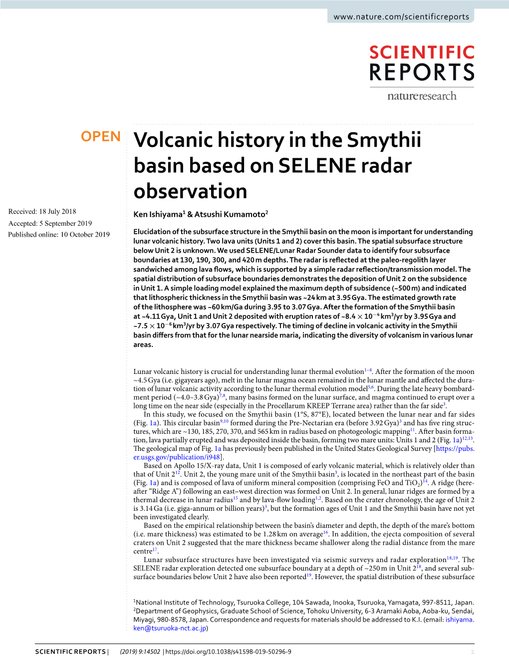 Volcanic History in the Smythii Basin Based on SELENE Radar Observation