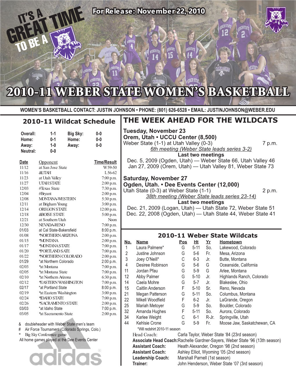 2010-11 Weber State Women's Basketball Weber State Combined Team Statistics (As of Nov 17, 2010) All Games