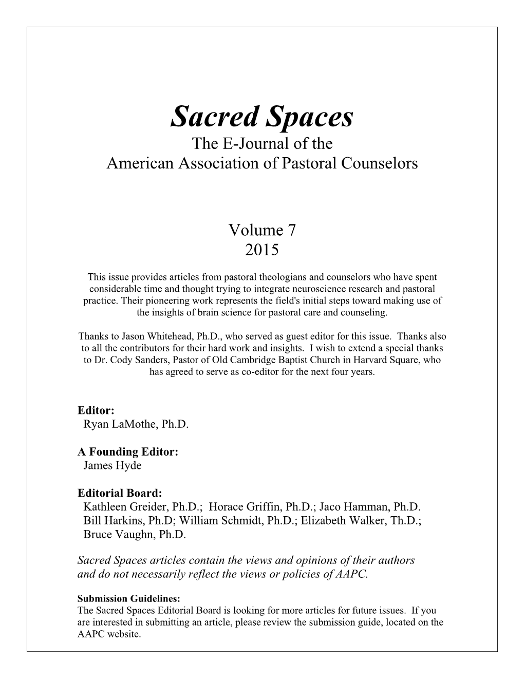 Sacred Spaces the E-Journal of the American Association of Pastoral Counselors