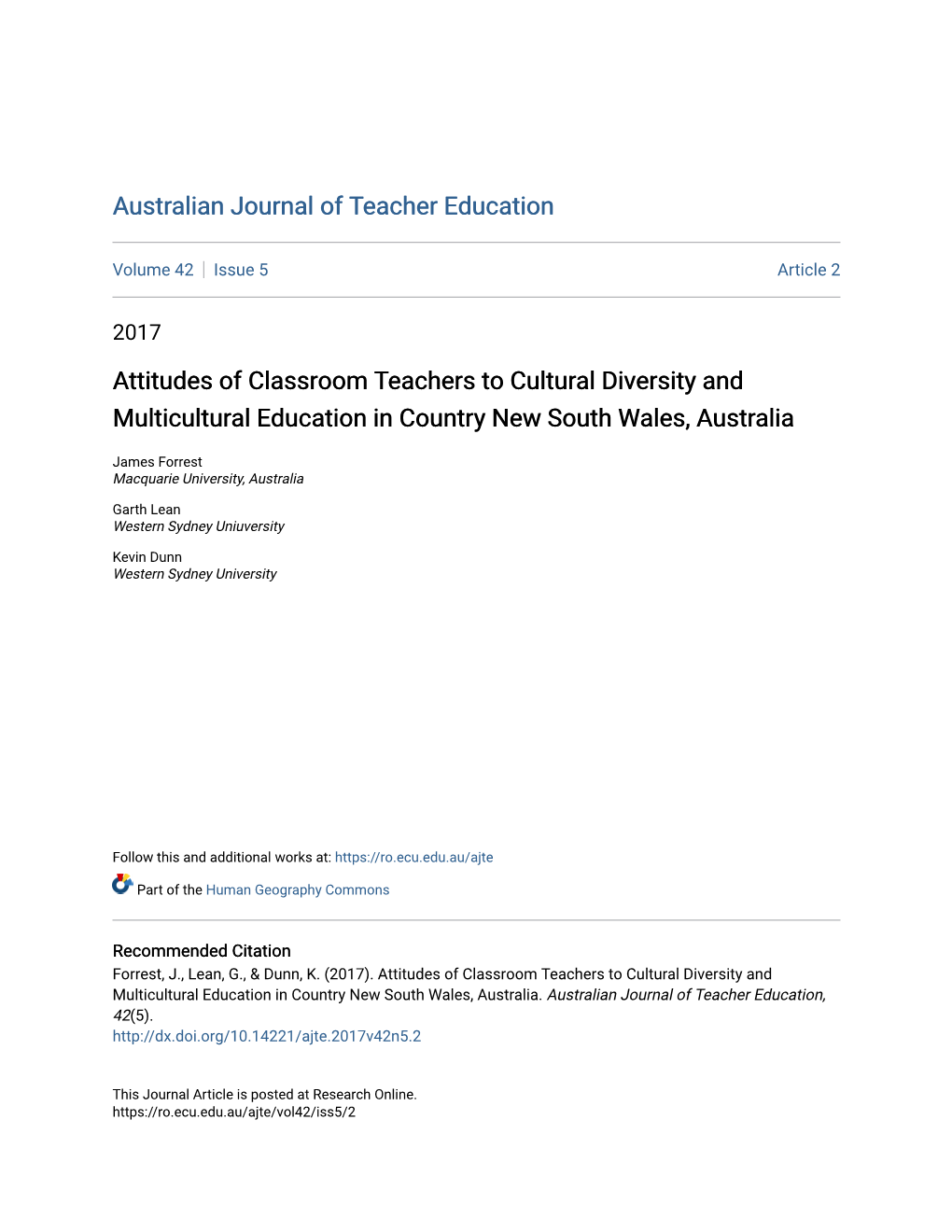 Attitudes of Classroom Teachers to Cultural Diversity and Multicultural Education in Country New South Wales, Australia