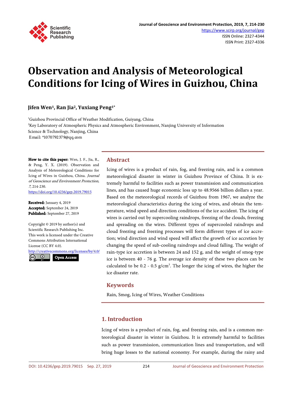 Observation and Analysis of Meteorological Conditions for Icing of Wires in Guizhou, China