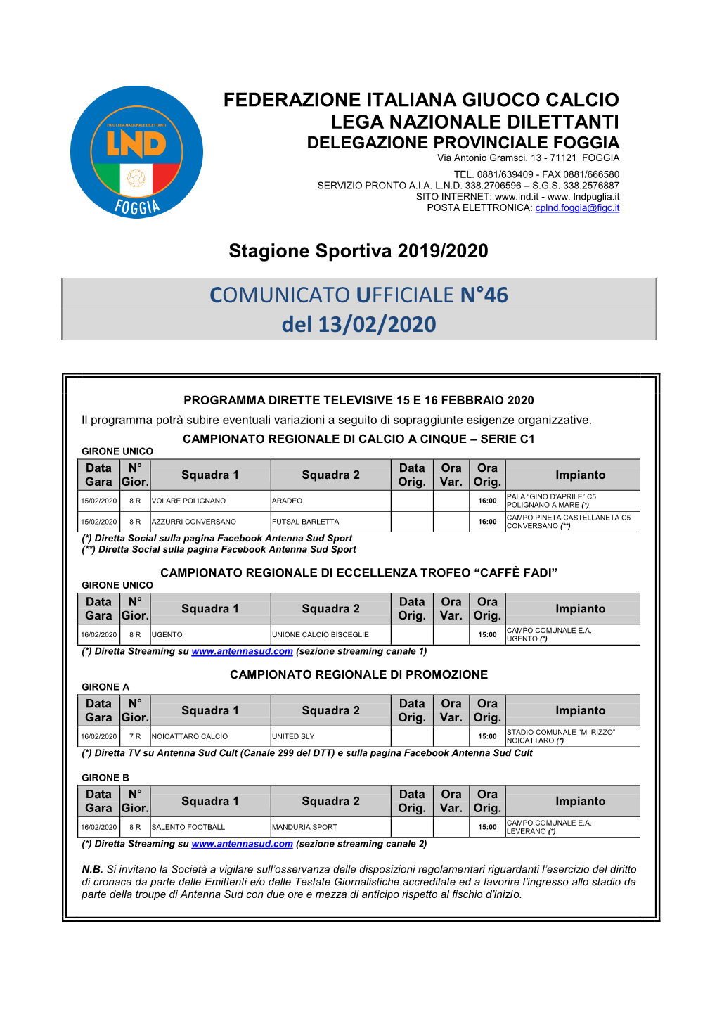 COMUNICATO UFFICIALE N°46 Del 13/02/2020