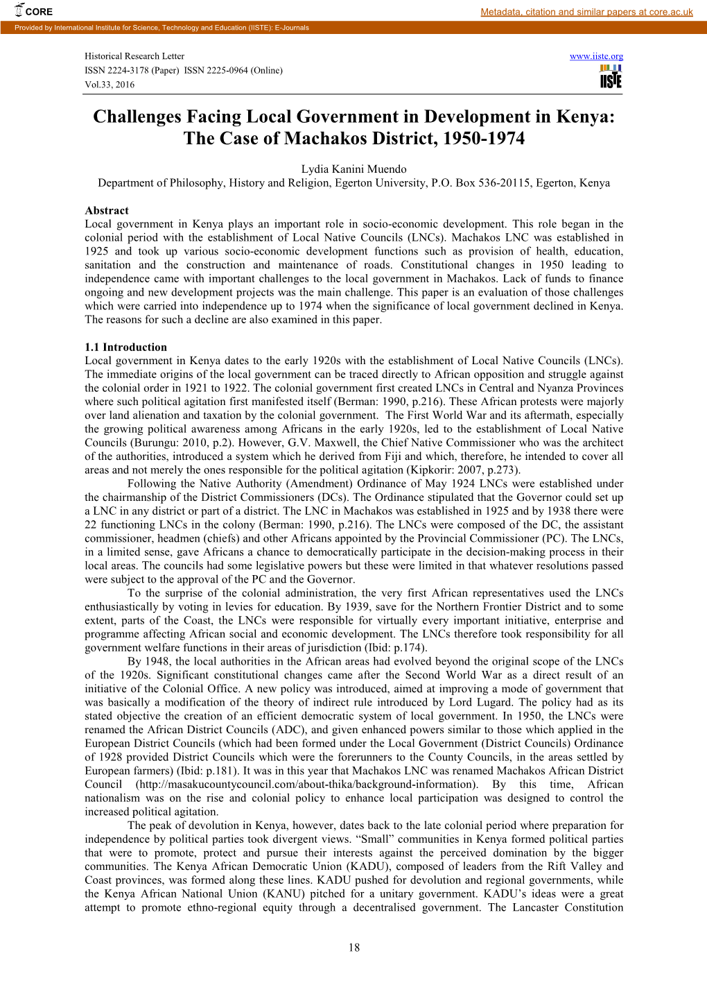 Challenges Facing Local Government in Development in Kenya: the Case of Machakos District, 1950-1974