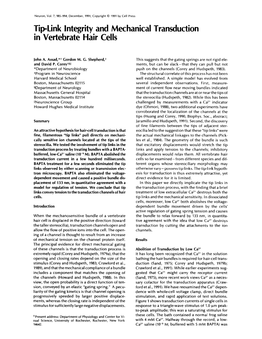 Tip-Link Integrity and Mechanical Transduction in Vertebrate Hair Cells