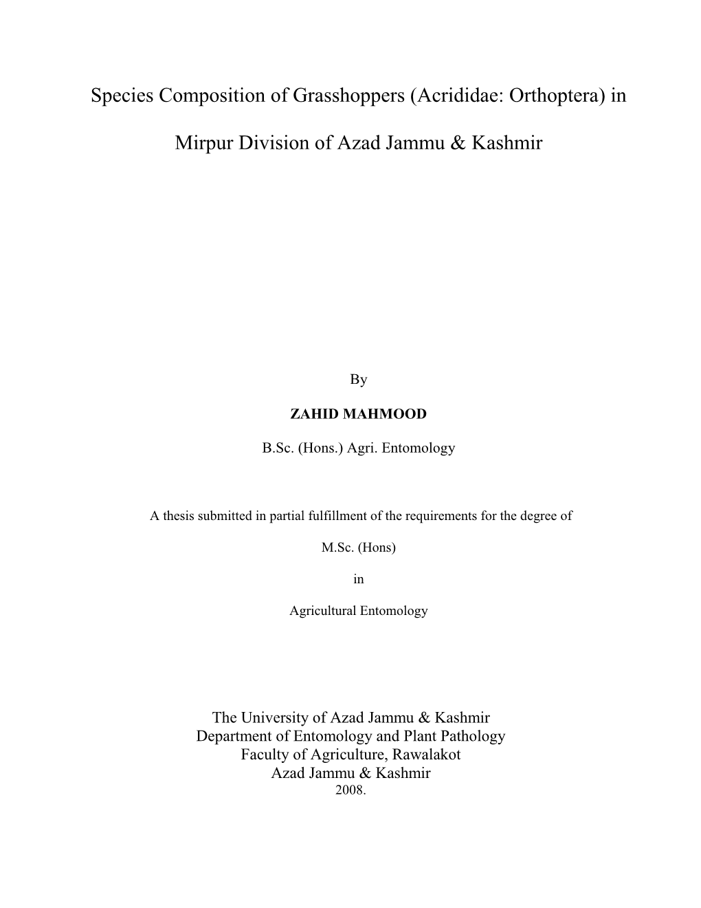 Species Composition of Grasshoppers (Acrididae: Orthoptera) in Mirpur Division of Azad Jammu