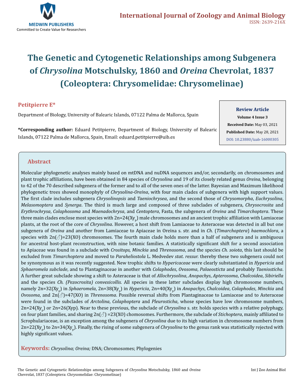 The Genetic and Cytogenetic Relationships Among Subgenera of Chrysolina Motschulsky, 1860 and Oreina Chevrolat, 1837 (Coleoptera: Chrysomelidae: Chrysomelinae)