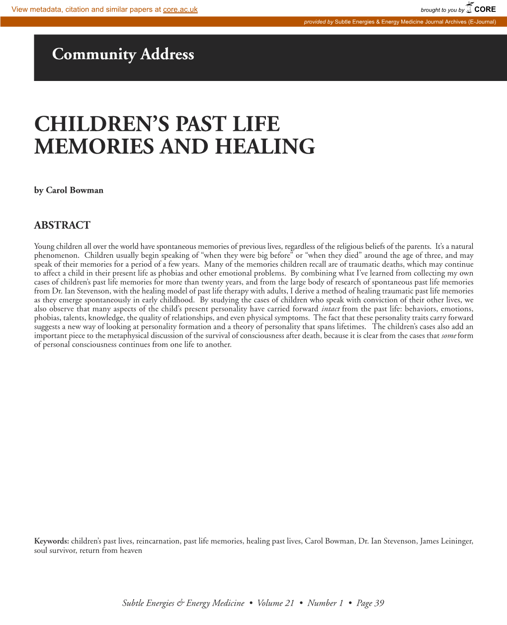 Children's Past Life Memories and Healing