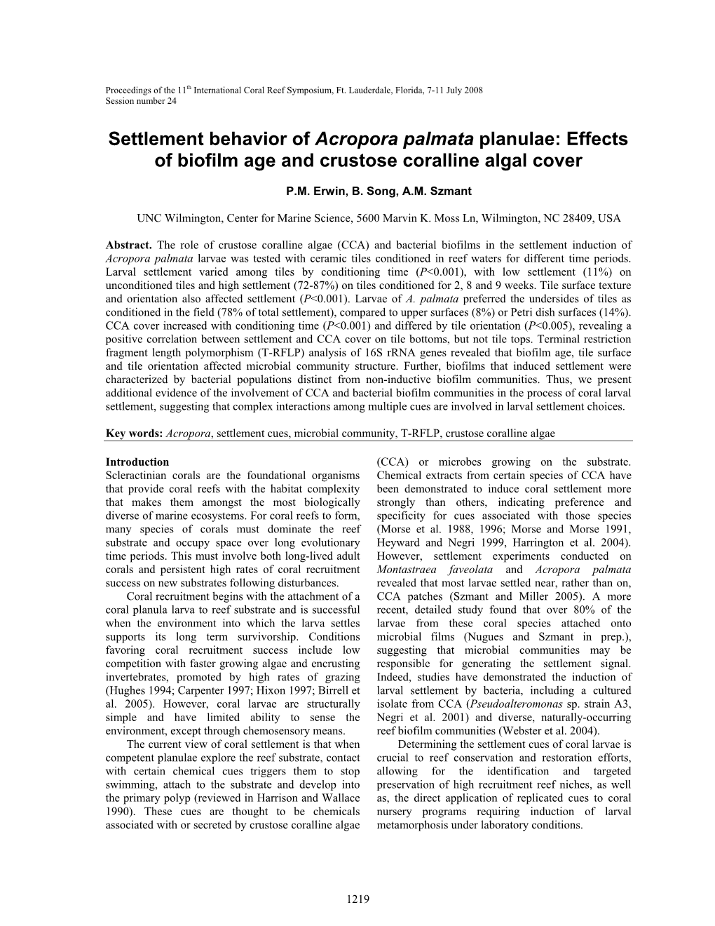 Settlement Behavior of Acropora Palmata Planulae: Effects of Biofilm Age and Crustose Coralline Algal Cover