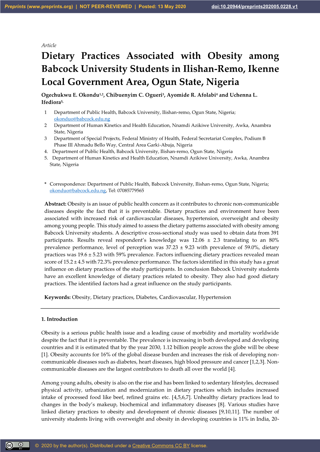 Dietary Practices Associated with Obesity Among Babcock University Students in Ilishan-Remo, Ikenne Local Government Area, Ogun State, Nigeria