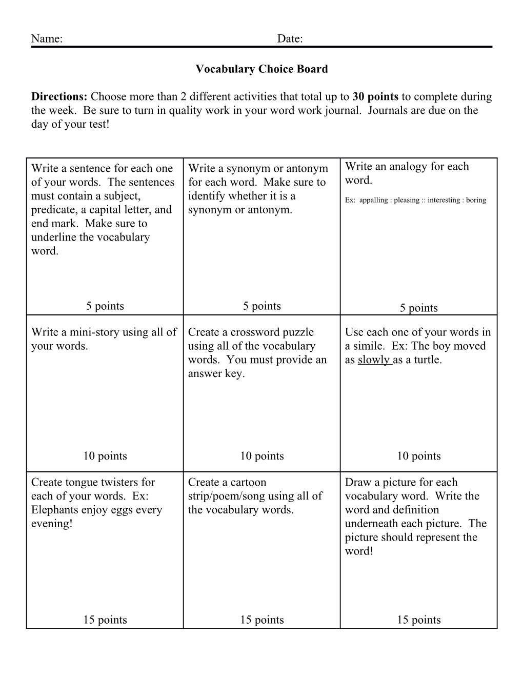 Vocabulary Choice Board