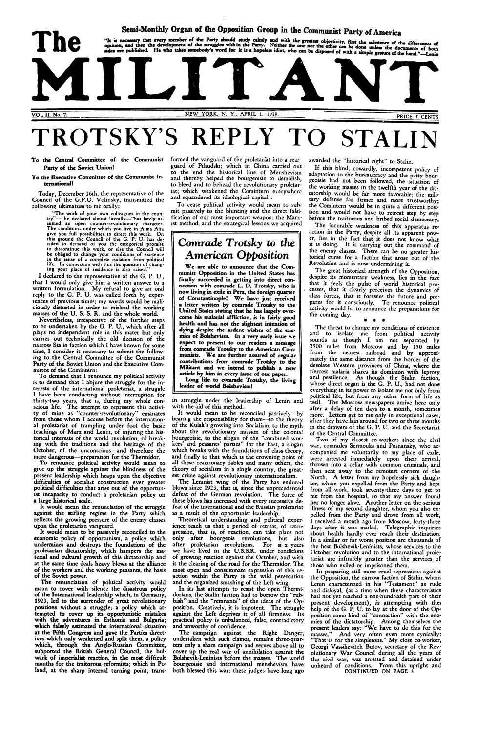 Trotsky's Reply to Stalin